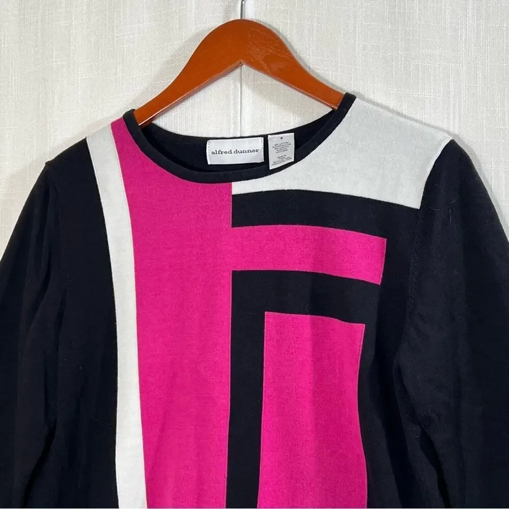 Alfred Dunner Abstract Color Block Pink Black White‎ Retro Knit Sweater Sz S